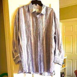 HAVEN (Talbots)Blue and White striped Tunic. HIDDEN Button Down NWOT. 100%Linen